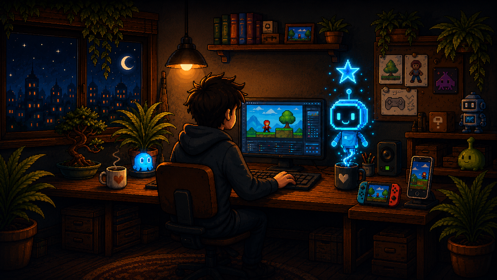 A solo game developer working late in a warm, plant-filled pixel-art studio